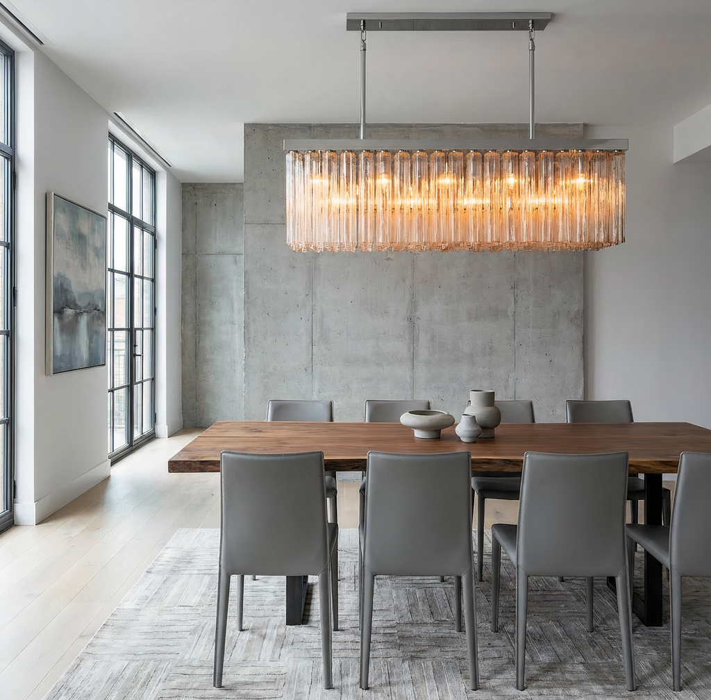 Inspired Cielo Style 54 Inch Rectangular Chandelier Polished Stainless Steel Finish - Room Scene