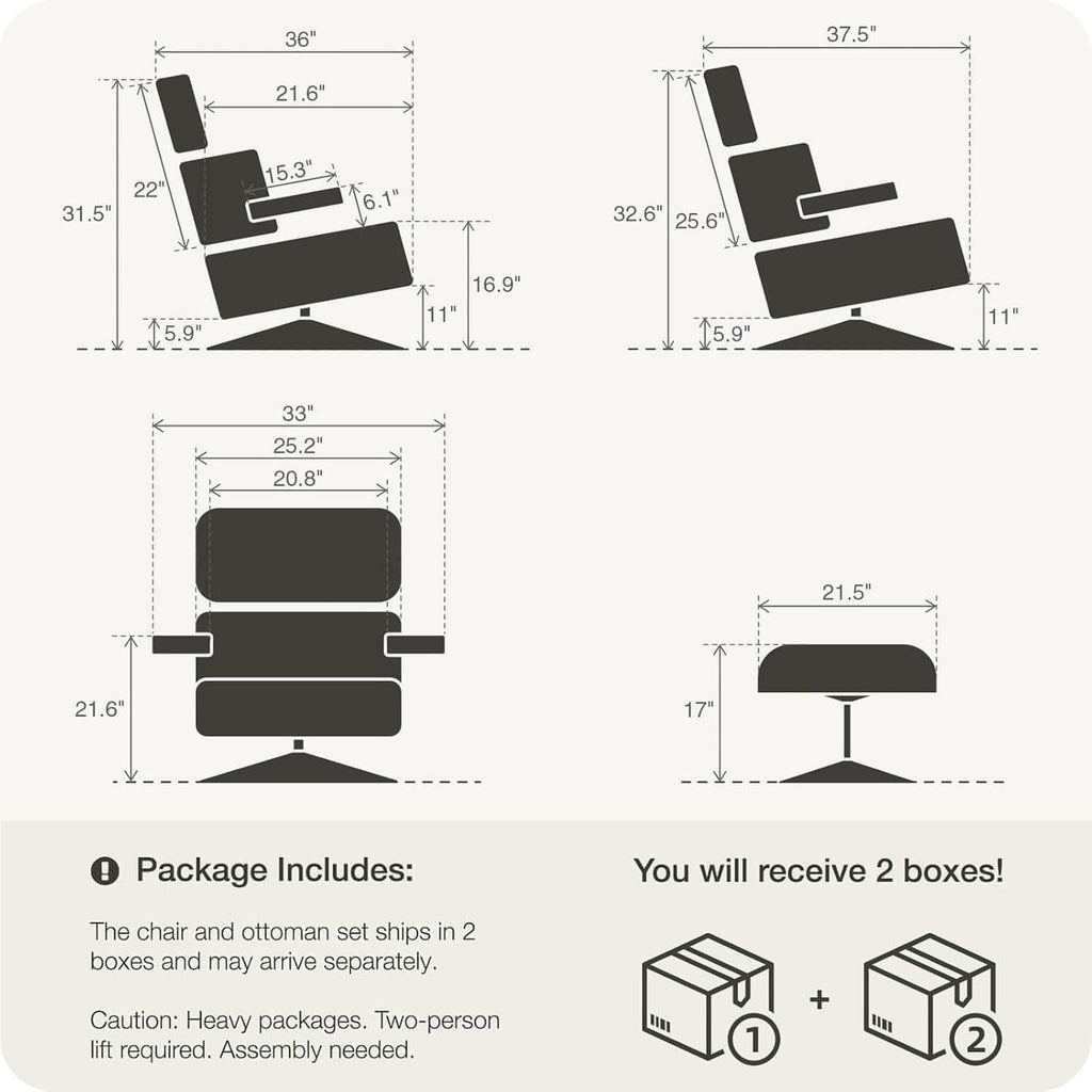 Inspired Eames Style Lounge Chair and Ottoman — Black Top-Grain Leather, Rosewood Base, Upgraded Tall (37″D)