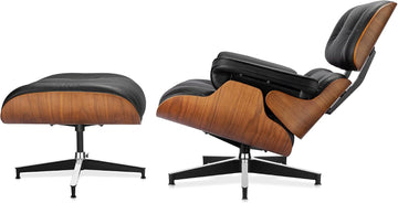 Inspired Eames Style Lounge Chair and Ottoman — Black Top-Grain Leather, Walnut Base, Upgraded Tall (37″D)