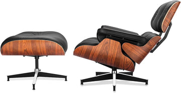 Inspired Eames Style Lounge Chair and Ottoman — Black Top-Grain Leather, Palisander Base, Upgraded Tall (37″D)