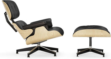 Inspired Eames style lounge chair and ottoman, black top-grain leather with ash wood base