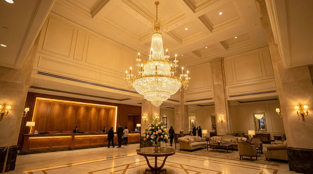 Large French Empire crystal chandelier in a grand hotel reception lobby