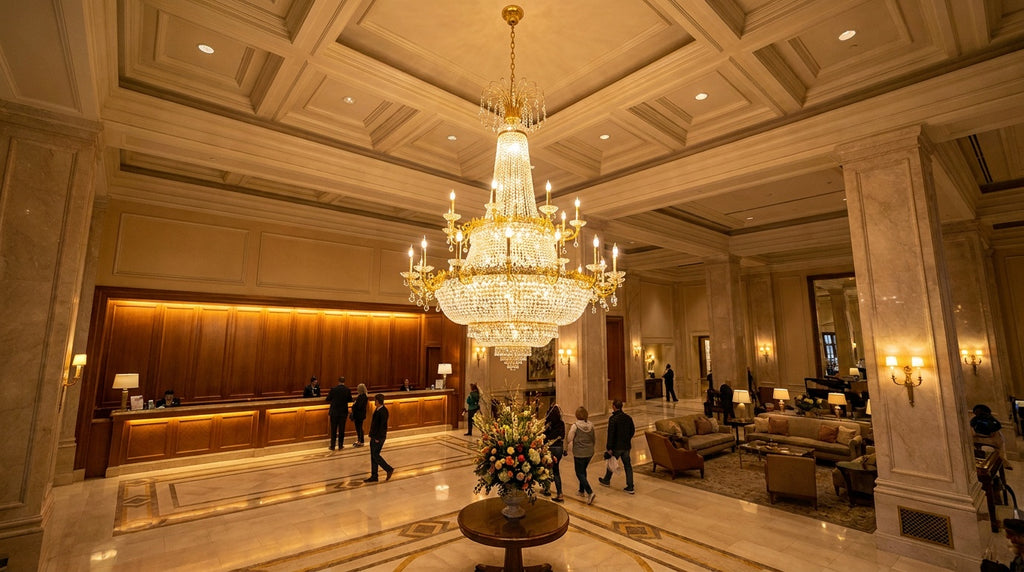 Large French Empire crystal chandelier above a luxury hotel lobby seating area
