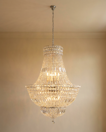 Swarovski French Empire Crystal Chandelier H36 W30 - Hanging in Elegant Room with Beige Walls