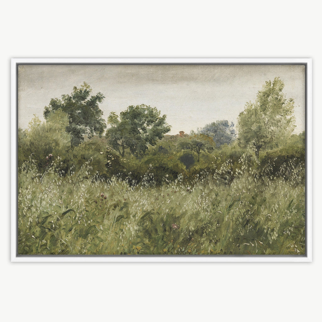 Framed Vintage Landscape Canvas Wall Art, Green Trees and Meadow Oil Painting Print, Floating Frame