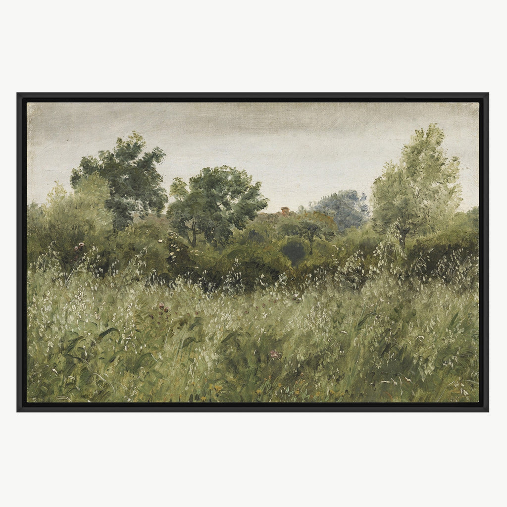 Framed Vintage Landscape Canvas Wall Art, Green Trees and Meadow Oil Painting Print, Floating Frame
