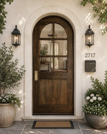 34x80-Inch Rustic Arched Entry Door — French Country Handcrafted Solid Wood with Glass Panel