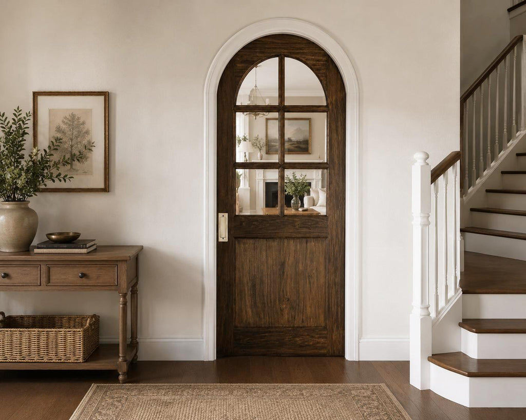 34x80-Inch Rustic Arched Entry Door — French Country Handcrafted Solid Wood with Glass Panel