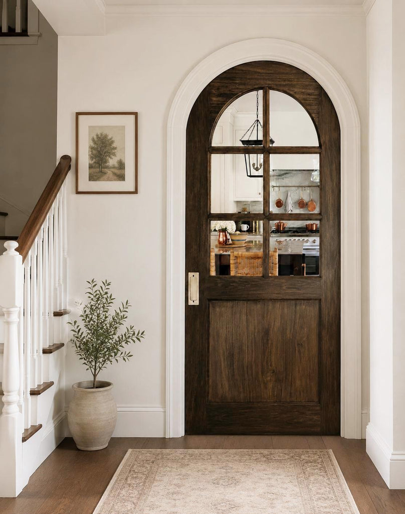 34x80-Inch Rustic Arched Entry Door — French Country Handcrafted Solid Wood with Glass Panel