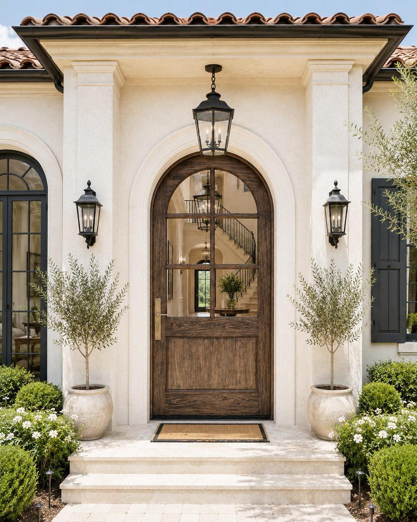 34x80-Inch Rustic Arched Entry Door — French Country Handcrafted Solid Wood with Glass Panel