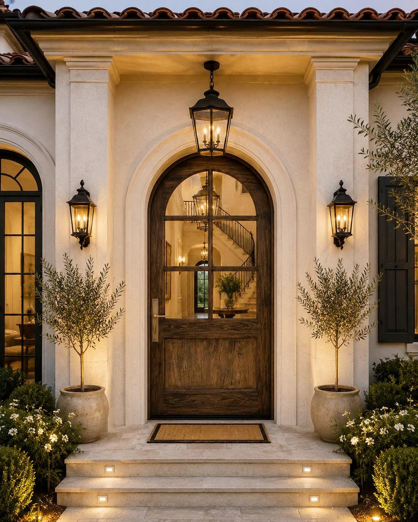 34x80-Inch Rustic Arched Entry Door — French Country Handcrafted Solid Wood with Glass Panel