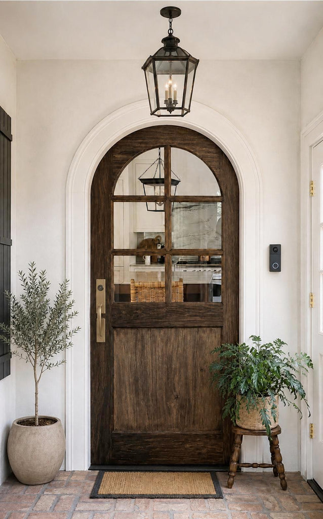 34x80-Inch Rustic Arched Entry Door — French Country Handcrafted Solid Wood with Glass Panel