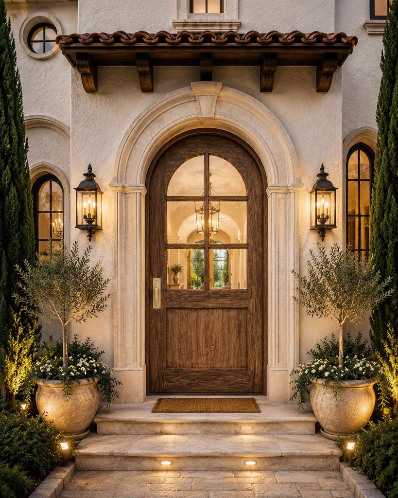 34x80-Inch Rustic Arched Entry Door — French Country Handcrafted Solid Wood with Glass Panel