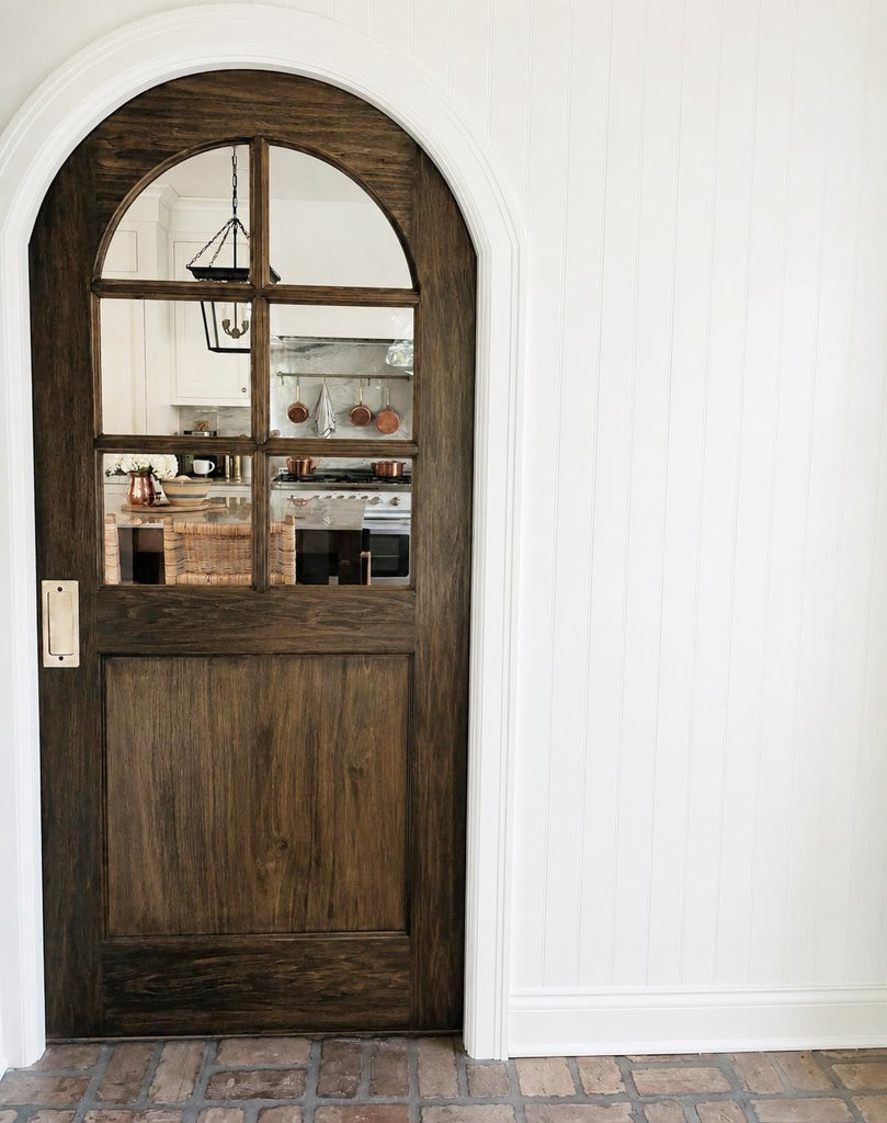 34x80-Inch Rustic Arched Entry Door — French Country Handcrafted Solid Wood with Glass Panel