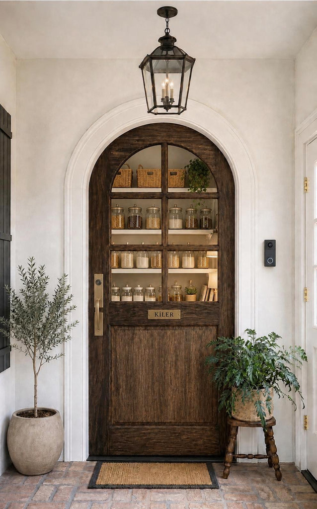 34x80-Inch Rustic Arched Entry Door — French Country Handcrafted Solid Wood with Glass Panel