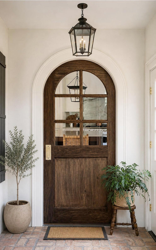34x80-Inch Rustic Arched Entry Door — French Country Handcrafted Solid Wood with Glass Panel