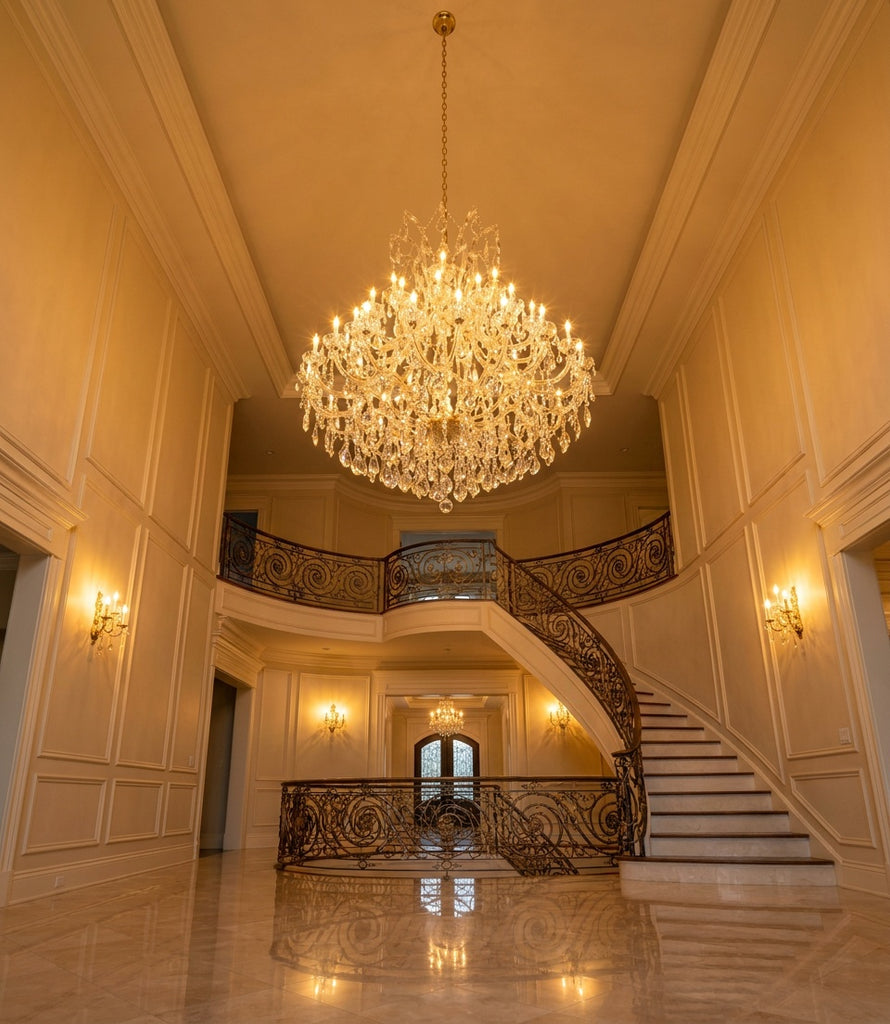 Large Foyer / Entryway Maria Theresa Empress Crystal Chandelier H60" W52" in Grand Two-Story Foyer