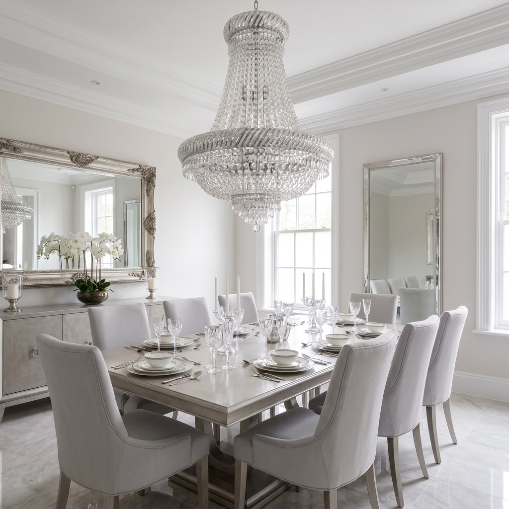 French Empire silver crystal chandelier above an elegant white and silver dining table