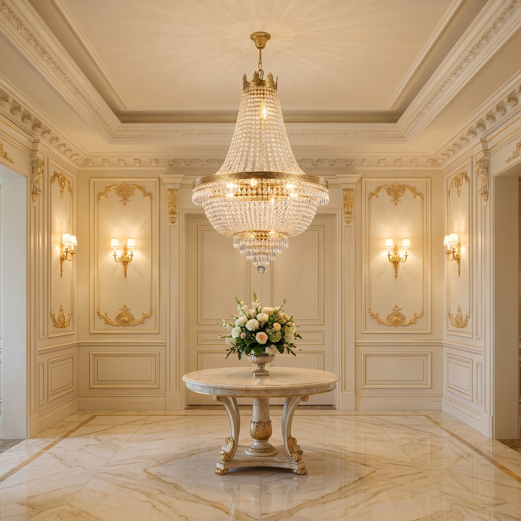 French Empire gold crystal chandelier at realistic scale in an elegant gold foyer