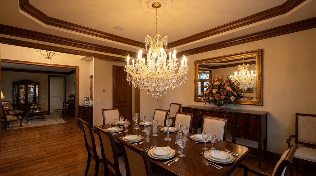 Maria Theresa crystal chandelier in an elegant dining room with 10 foot ceiling