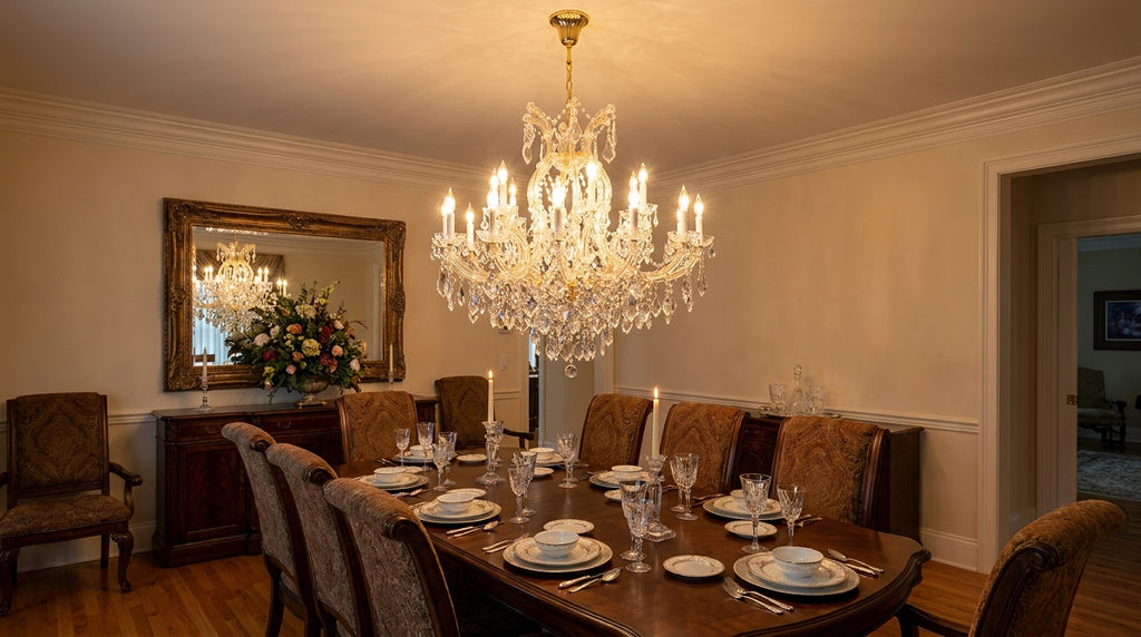 Maria Theresa crystal chandelier hanging above a formal dining table