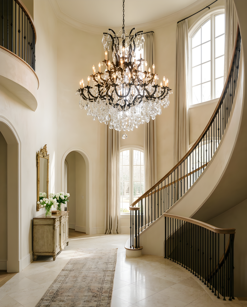 Black Maria Theresa Wrought Iron Chandelier in a grand foyer