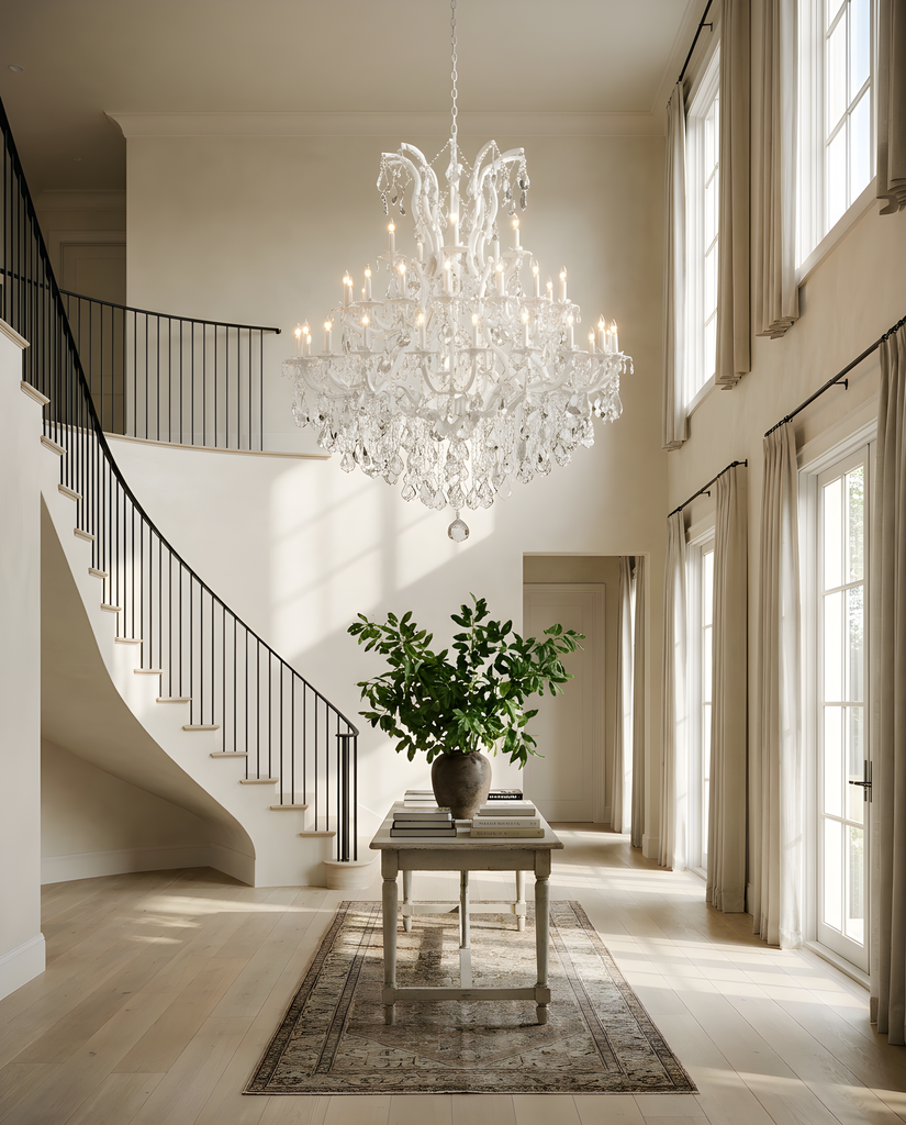 White Maria Theresa Wrought Iron Chandelier in a grand foyer