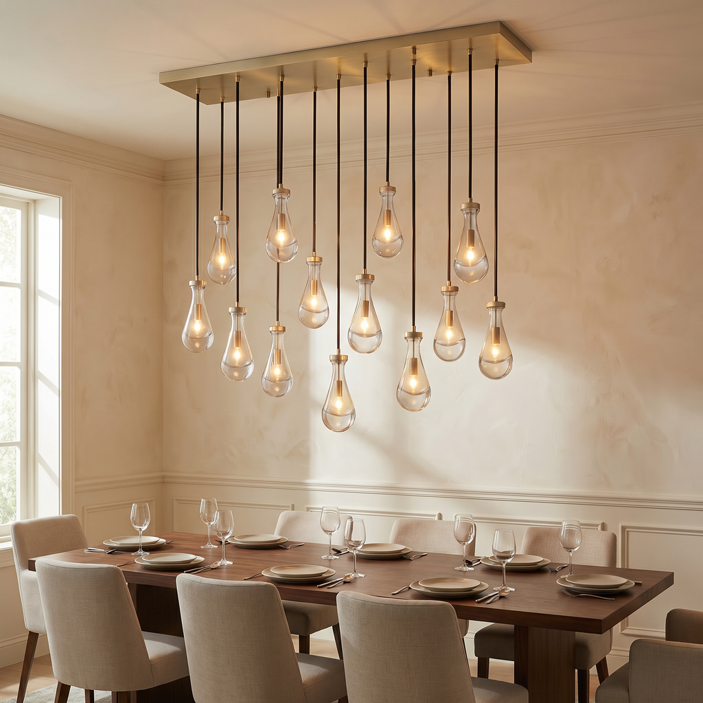 Inspired Rain Drop Style Linear Glass Chandelier - 54 Inch - Vintage Brass Finish