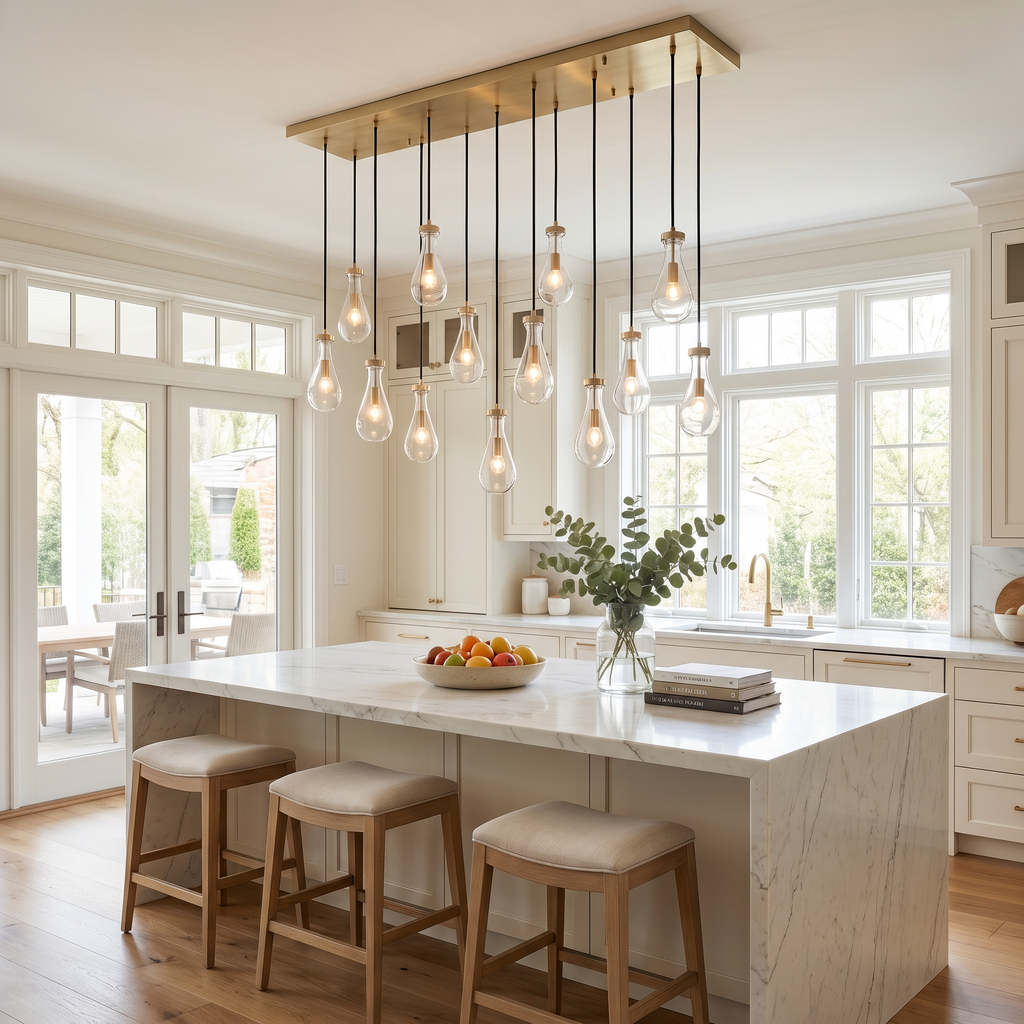 Inspired Rain Drop Style Linear Glass Chandelier - 54 Inch - Vintage Brass Finish