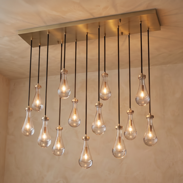 Inspired Rain Drop Style Linear Glass Chandelier - 54 Inch - Vintage Brass Finish
