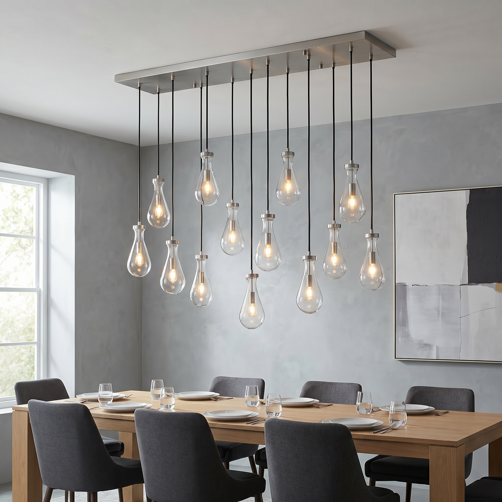 Inspired Rain Drop Style Linear Glass Chandelier - 54 Inch - Satin Nickel Finish