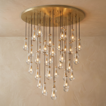 Inspired Rain Drop Style Sculptural Glass Chandelier – 60.5 Inch – Vintage Brass Finish