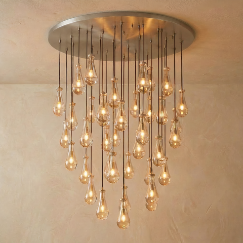 Inspired Rain Drop Style Sculptural Glass Chandelier – 60.5 Inch – Nickel Finish