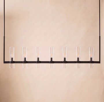Inspired Ravelle Style 59" linear chandelier, 7 lights, matte black finish, clear glass cylinders