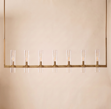 Inspired Ravelle Style 59" linear chandelier, 7 lights, gold brass finish, clear glass cylinders