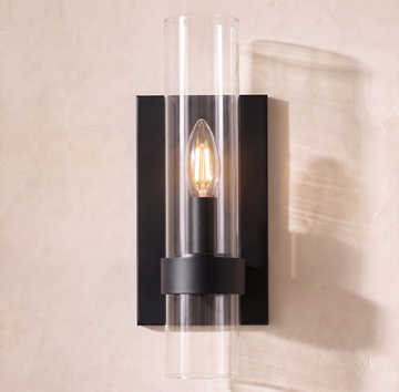 Inspired Ravelle Style 12" Wall Sconce, black finish, clear glass cylinder