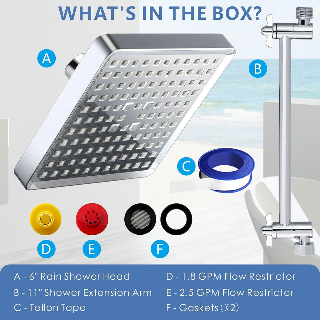 6-Inch Square Rain Shower Head with 11-Inch Adjustable Extension Arm - High Pressure Rainfall Showerhead, Chrome