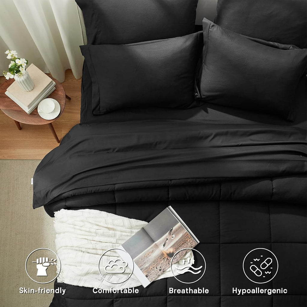 5-Piece Twin Comforter Set with Sheets, Black Bed in a Bag - All-Season Microfiber Bedding