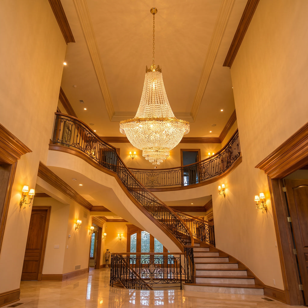 French Empire gold crystal chandelier in a warm two-story foyer with curved staircase