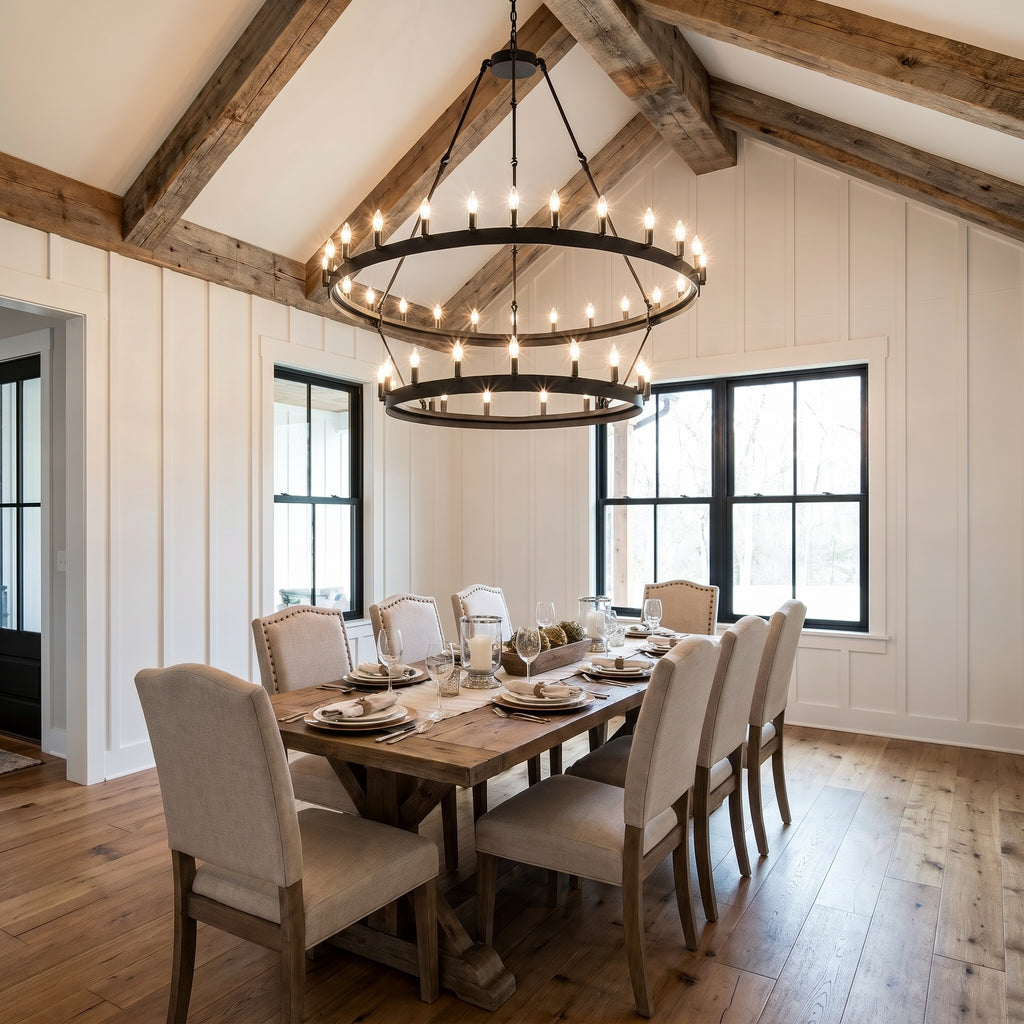 Castile two-tier wagon wheel black chandelier in a vaulted farmhouse dining room