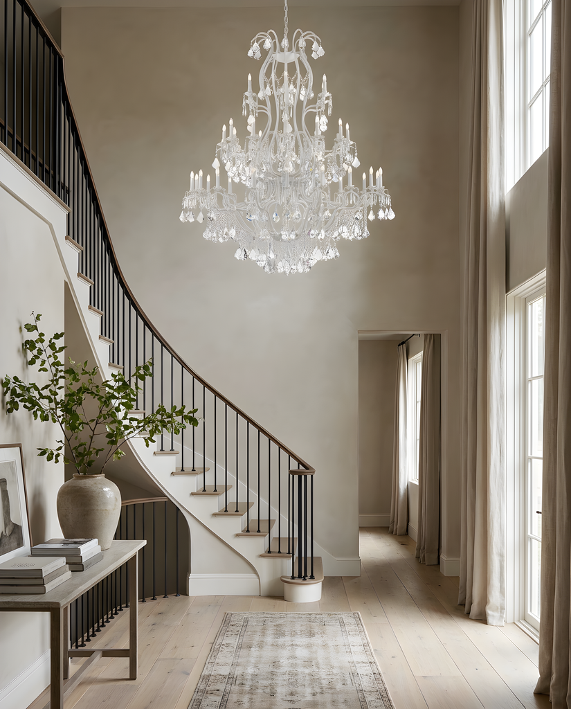 White Wrought Iron Chandelier in a grand greige foyer
