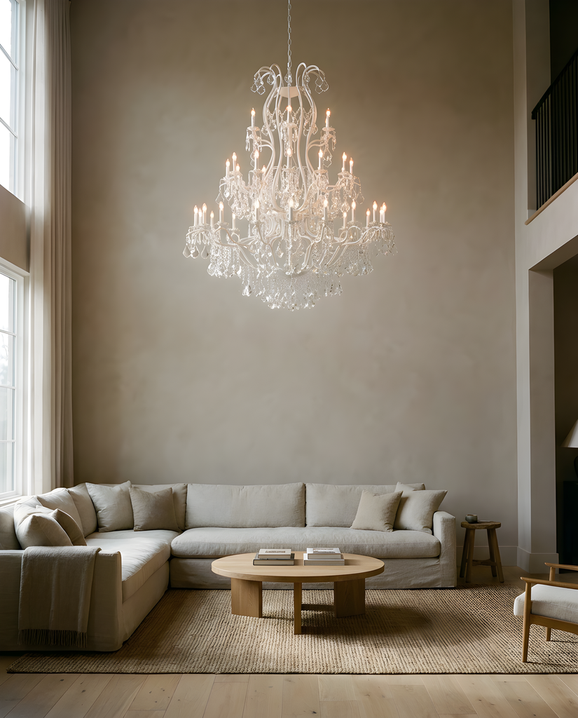 White Wrought Iron Chandelier in a warm living room