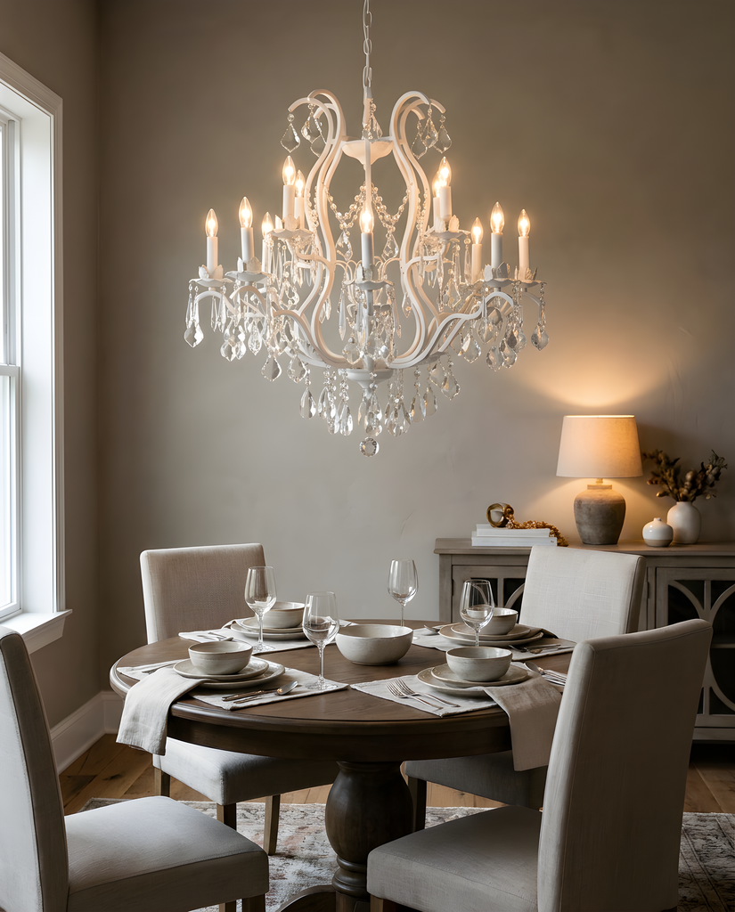 White Wrought Iron Crystal Chandelier - Elegant Rustic Lighting H30" X W28" in a room