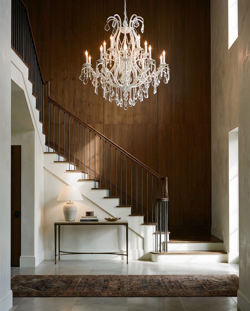 White Wrought Iron Chandelier Crystal Lighting H36" X W36" in a room