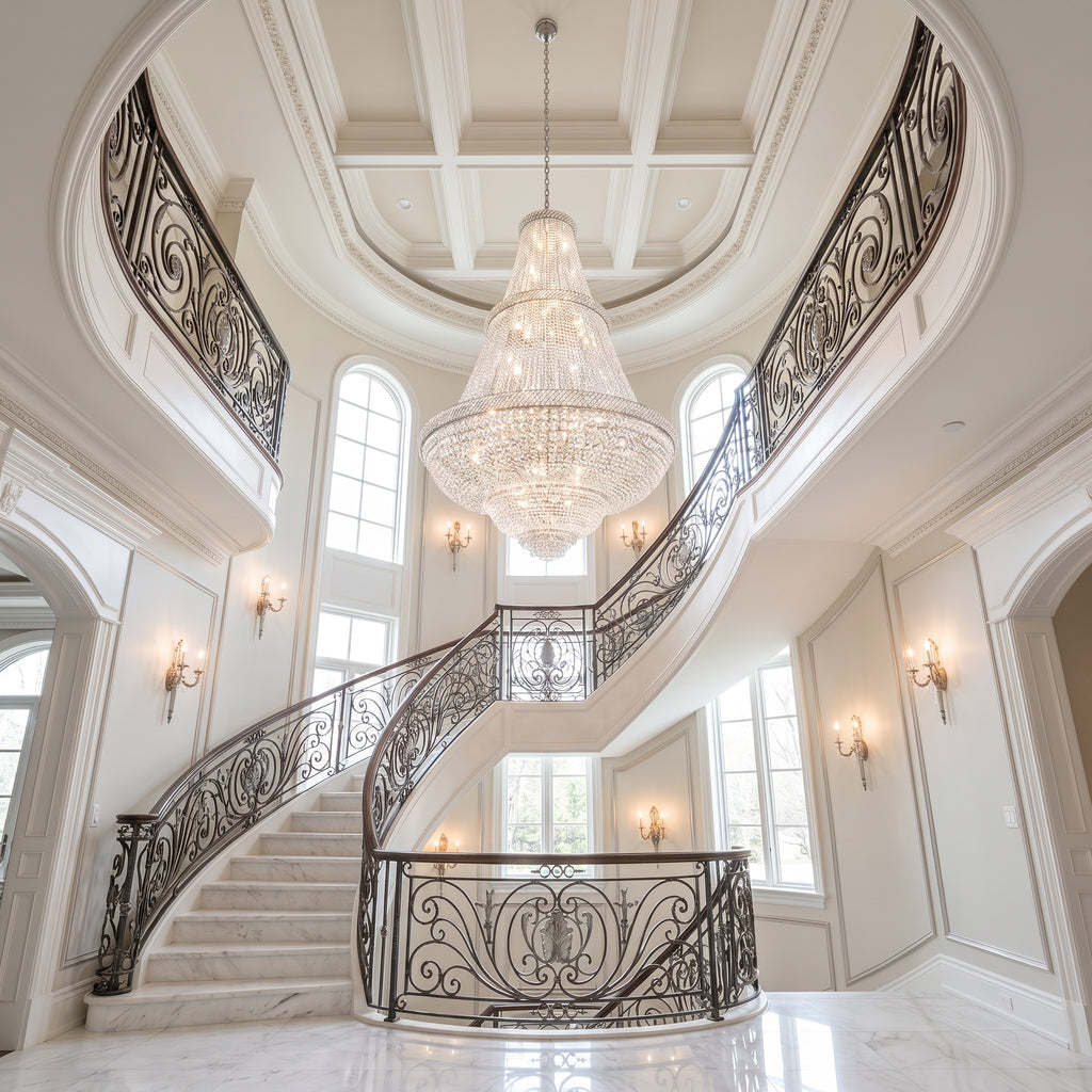 French Empire silver 6ft crystal chandelier in a two-story foyer with curved staircase