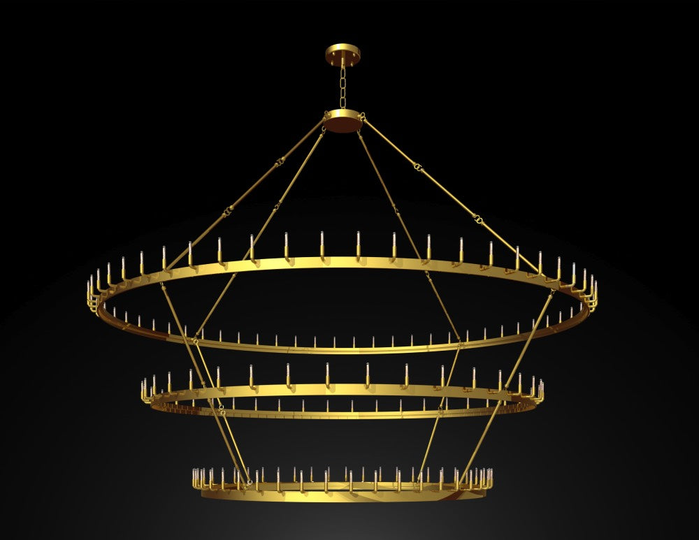 Inspired Camino Style Chandelier - Castile Three Tier Wrought Iron Brushed Brass Chandelier - Industrial Loft Rustic Lighting W 122"