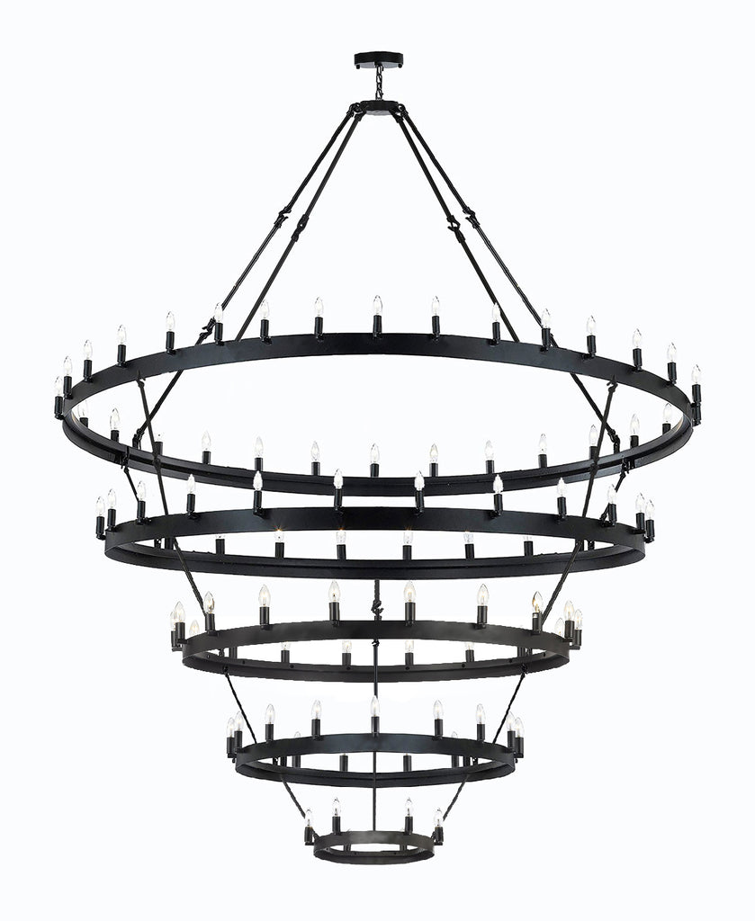 Inspired Camino Style Chandelier – Five Tier Wagon Wheel, Wrought Iron Vintage Barn Metal Rustic Industrial Lighting, W63" x H87"