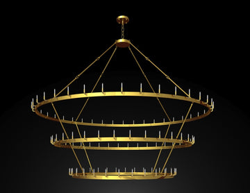 Inspired Camino Style Chandelier - Castile Three Tier Wrought Iron Brushed Brass Chandelier - Industrial Loft Rustic Lighting W 86"