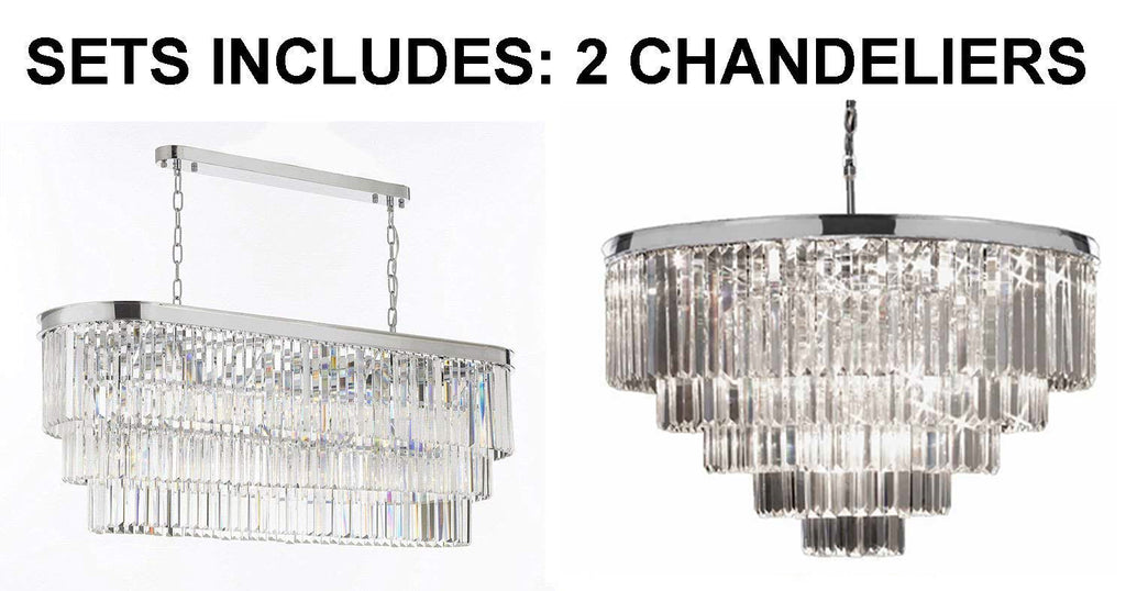 Set Of 2 - 1 Retro Palladium Glass Fringe Chandelier Chandeliers Lighting Chrome Finish And 1 Retro Palladium Crystal Glass Fringe Chandelier Chrome Finish H21" W31.5" - 1 Ea Gb104-2164/12 + 1 Ea Gb104-2164/18