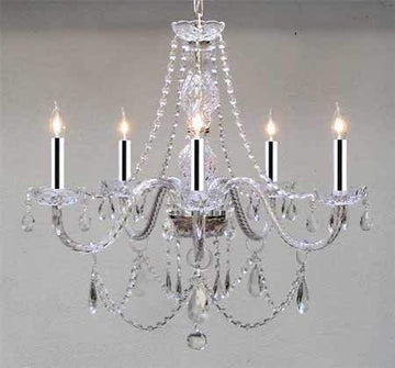 Swarovski Crystal Trimmed Chandelier! Chandeliers Lighting w/Chrome Sleeves 25X24 H25" X W24" - GO-B43/A46-380/5SW